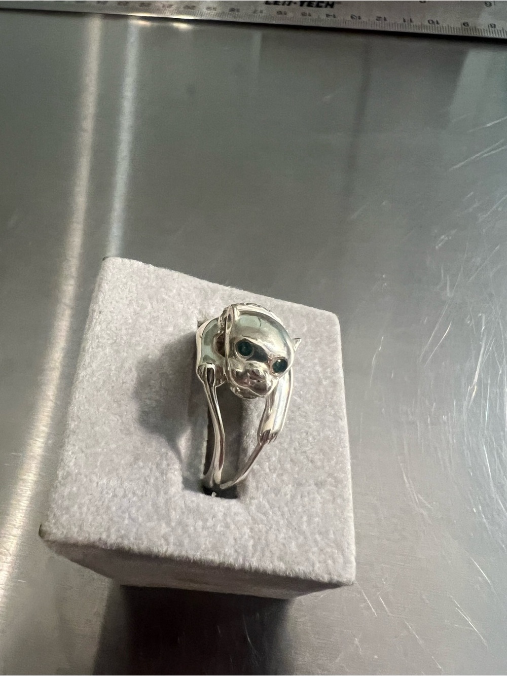Sterling Silver Dog Accent Ring -with Black Eyes & Crystal Collar